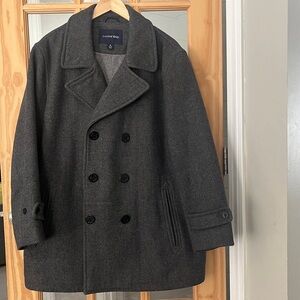 Lands' End mens charcoal grey insulated wool pea coat jacket - size XL 46-48